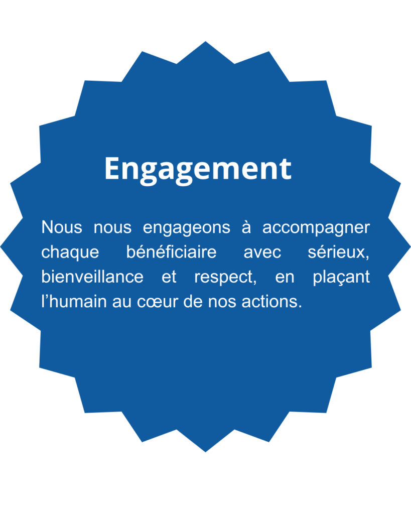 Engagement-Nous nous engageons à accompagner chaque bénéficiaire avec sérieux, bienveillance et respect, en plaçant l’humain au cœur de nos actions.